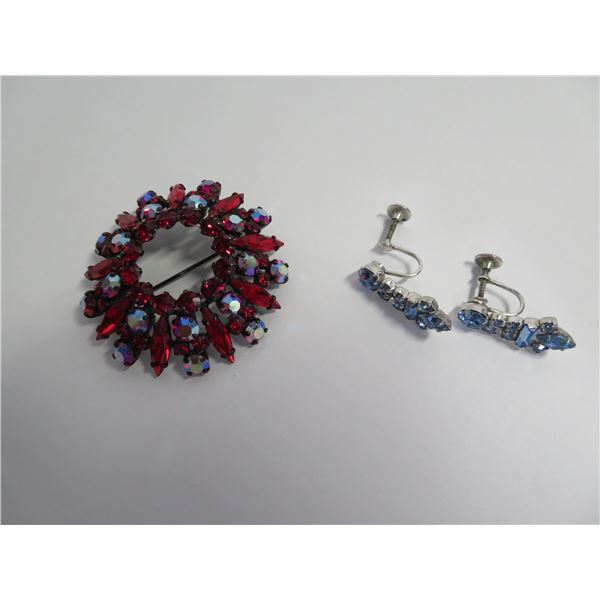 SHERMAN red brooch and blue clip on earrings.  Very nice!