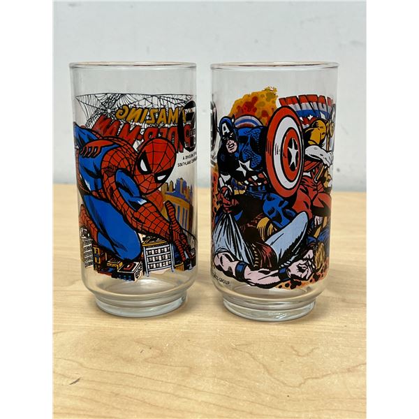 1977 Marvel Comics 7/11 Spider-Man & Captain America Drinking Glasses 5.5"