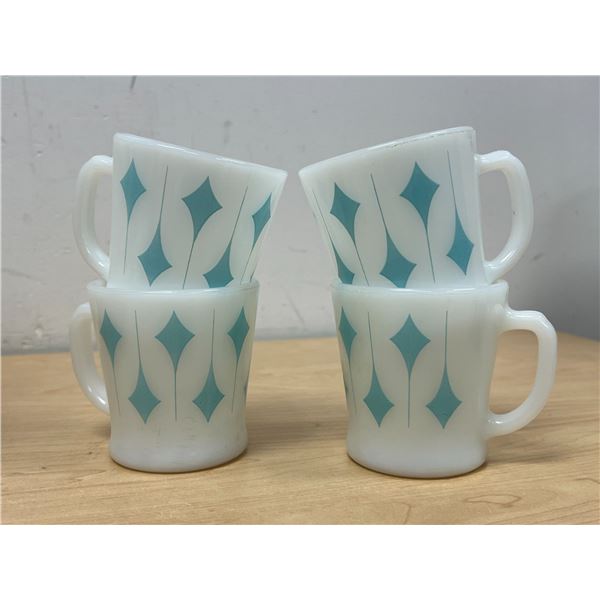 4 Fire King Turquoise Kite Pattern D Handle Coffee Mugs (couple small chips/rough spots)
