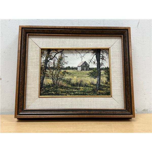 Original Julie Harris Hecla Island "Settler's House" quite small piece Frame approx: 10.5 x 8.5"