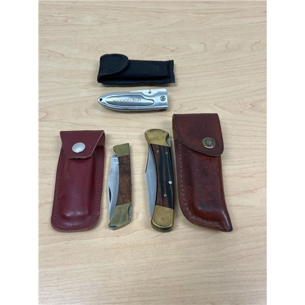 3 Folding Knives with Holders - see all photos for details