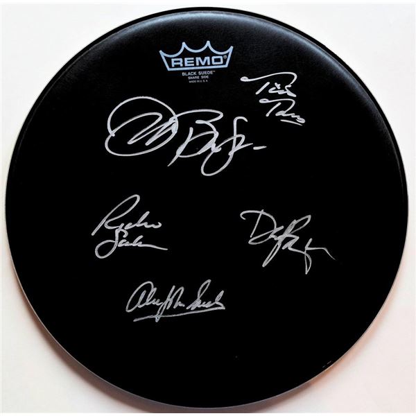 Bon Jovi signed drum head. Signed: Jon Bon Jovi, David Bryan, Richie Sambora, Alec John Such, and Ti