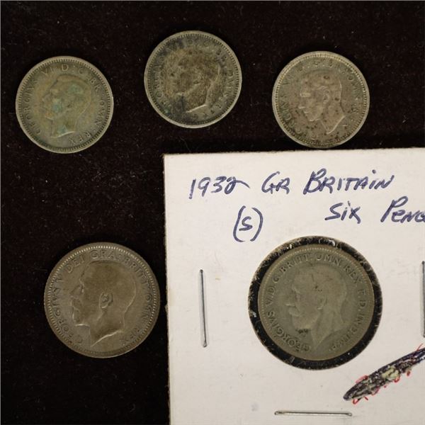 5 GREAT BRITIAN SILVER COINS: 3-1943 THREE PENCE,