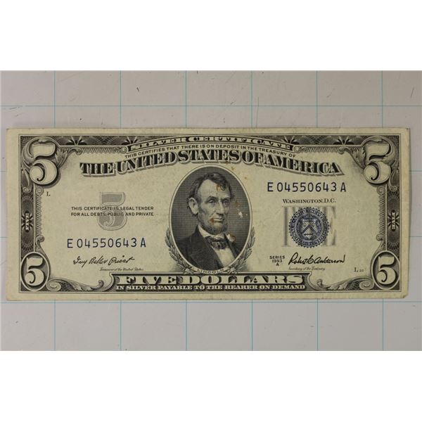 1953-A US $5 SILVER CERTIFICATE BLUE SEAL