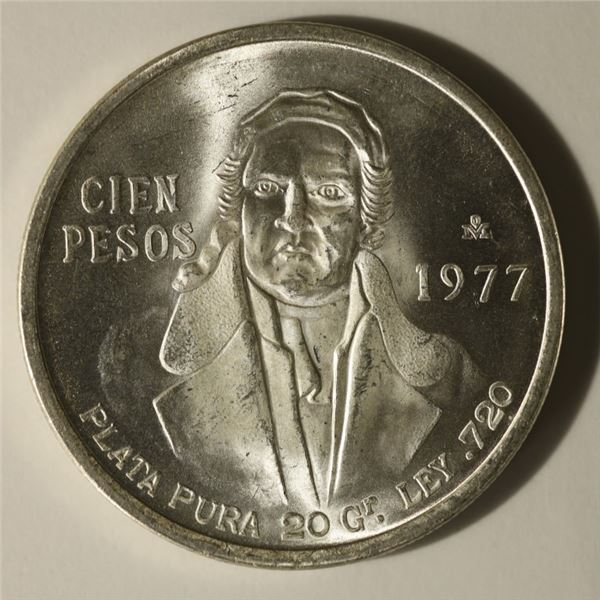 1977 MEXICO 100 PESO SILVER COIN .643 OZ. ASW UNC