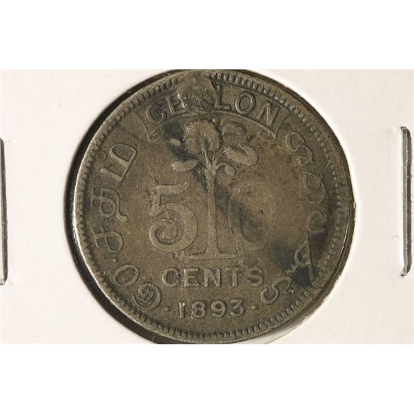 1893 CEYLON SILVER 50 CENTS .15 OZ. ASW.  FILLED