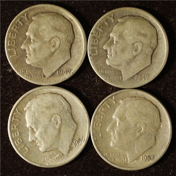 1947, 47-D, 53 & 1953-S SILVER ROOSEVELT DIMES