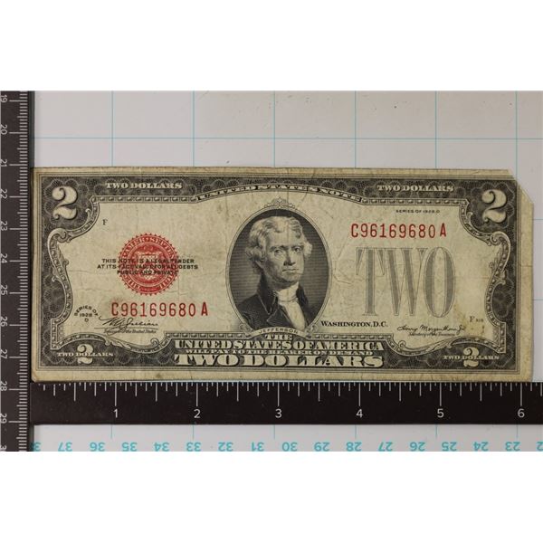 1928-D US RED SEAL $2 NOTE TOP RT. CORNER MISSING