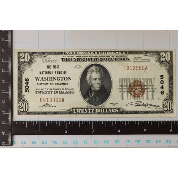 1929 TYPE 1 US $20 NATIONAL CURRENCY BANK OF