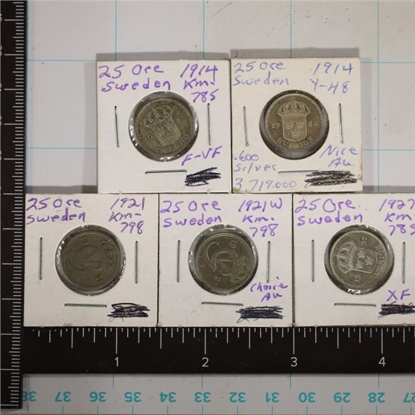 2-1914, 2-1921 & 1927 SWEDEN SILVER 25 ORE .2335