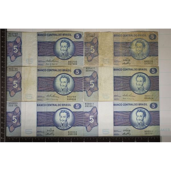6-CIRCA 1970'S BRAZIL 5 CRUZEIROS BILLS.