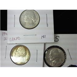 1942-S, 43-S And 45-S Jefferson War Nickels (UNC)