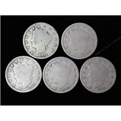 5- Assorted Liberty "V" Nickels