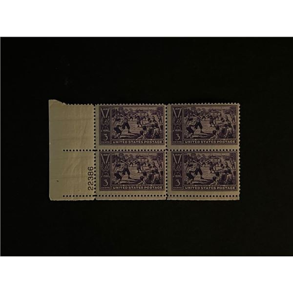 Four 3 Cent US Baseball Stamps with Plate Number Unused