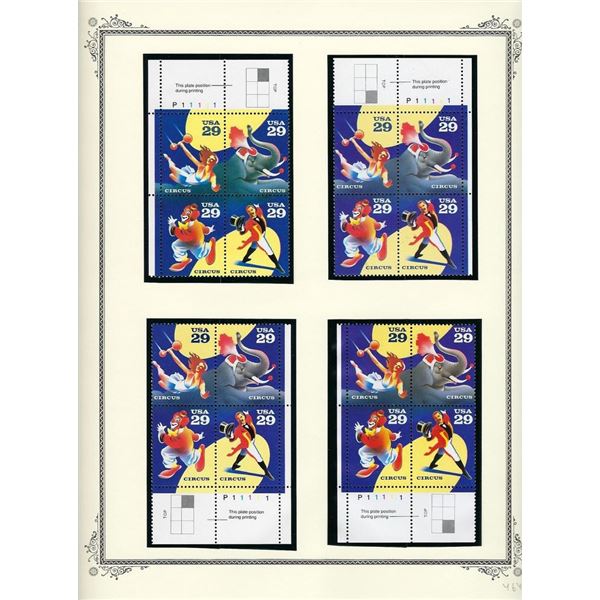 Circus stamps 4 plate blocks 16 x 29 cent stamps