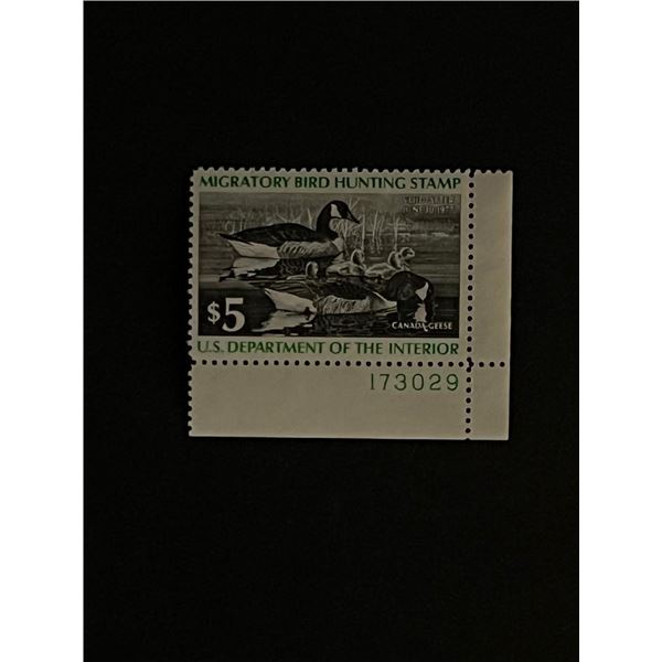 Unused Migratory Bird Hunting US 5 Dollar Duck Stamp with Plate Number