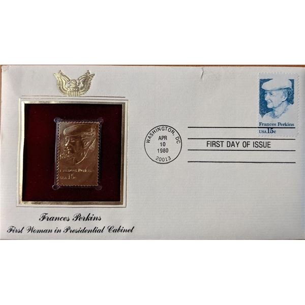 Frances Perkins First Woman In Presidential Cabinet Gold Stamp Replica First Day Cover