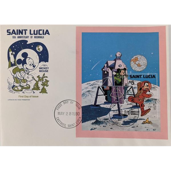 St. Lucia 1980 Goofy on the Moon 10th Anniversary Moonwalk First Day Cover