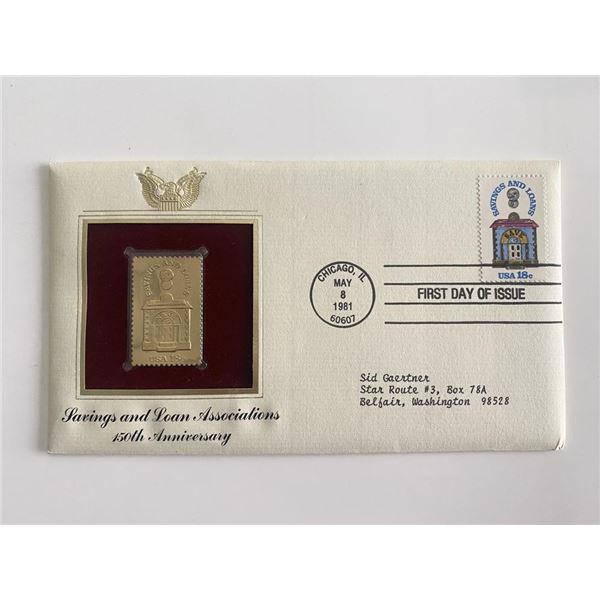 Savings and Loans Associations 150th Anniversary Gold Stamp Replica First Day Cover