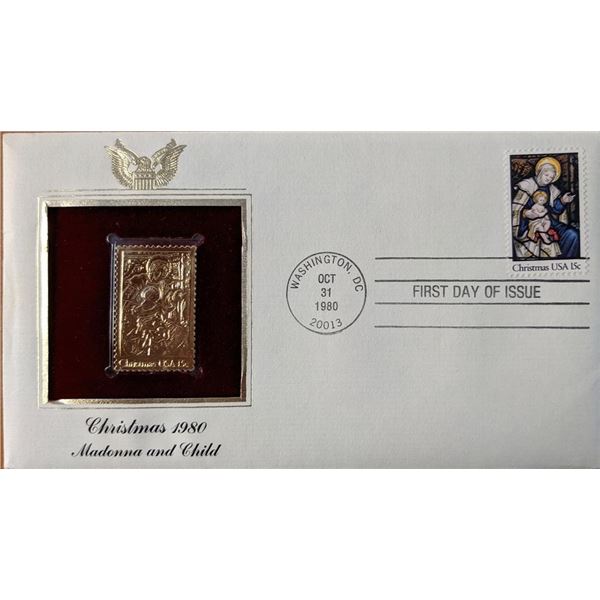 Christmas 1980 Madonna and Child Gold Stamp Replica First Day Cover