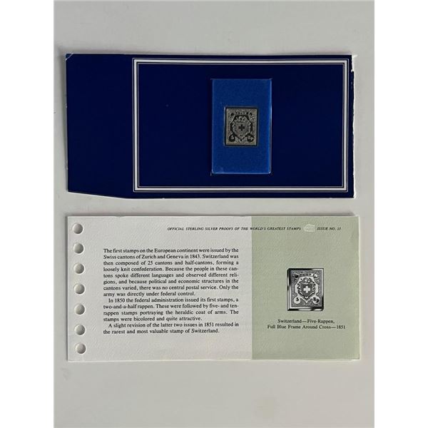 Franklin Mint Sterling Silver 1851 Switzerland Stamp Plaque Badge