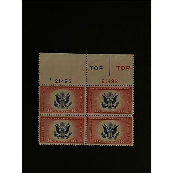 Four 16 Cent US Airmail Stamps Unused with Plate Number