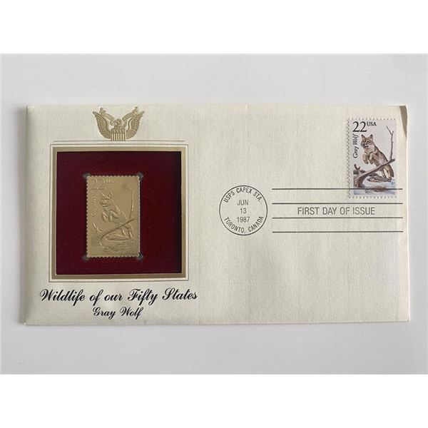 Wildlife of Our Fifty States Gray Wolf Gold Stamp Replica First Day Cover