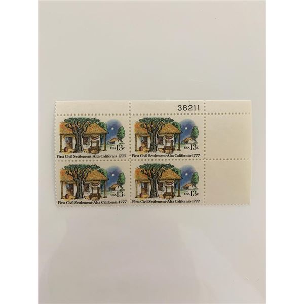 1977 13c First Civil Settlement: Alta, California Plate Block of Stamps