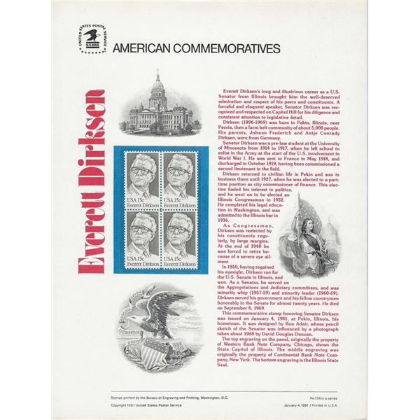 American Commemoratives Everett Dirksen stamp set of four 15 cent stamps