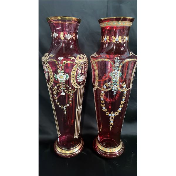PAIR OF MOSER CRANBERRY & GILT GLASS VASES: 21" TALL