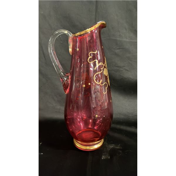 VINTAGE 11.5"T BOHEMIAN CRANBERRY GLASS PITCHER