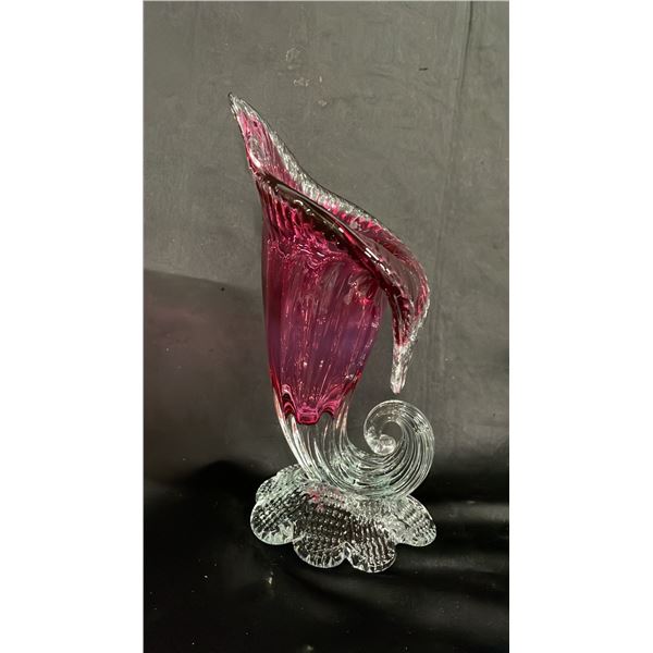 VINTAGE 10.5"T CRANBERRY TO CLEAR GLASS JACK-IN-THE-PULPIT VASE