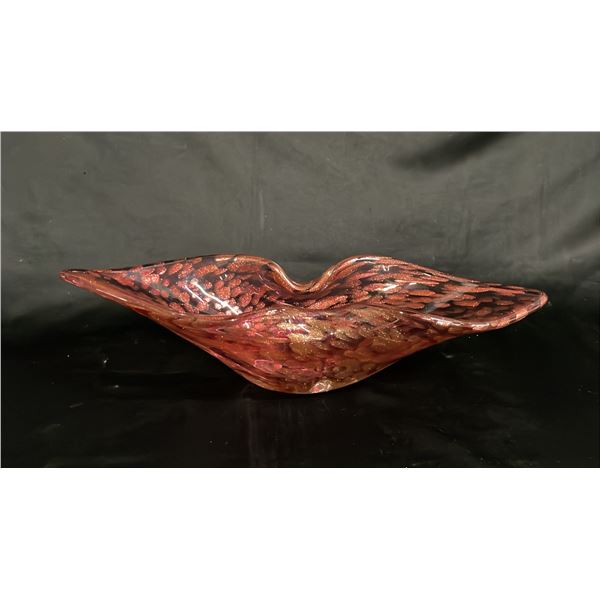 VINTAGE 15.5" WIDE WAVE-DESIGN CRANBERRY CONFETTI GLASS CENTERPIECE BOWL