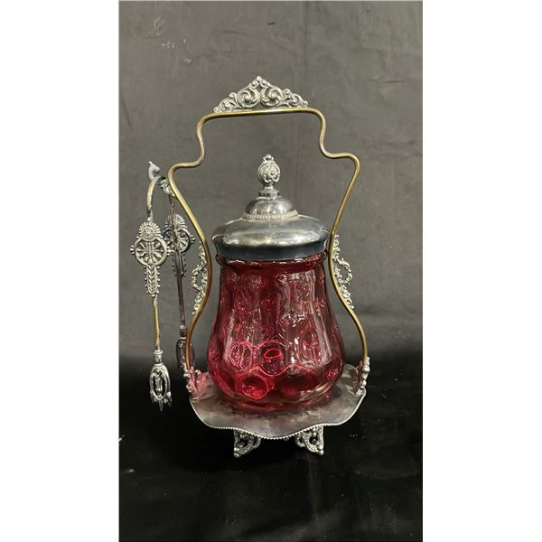 VICTORIAN 9.5"T MERIDAN B. COMPANY SILVER PLATE & CRANBERRY GLASS PICKLE CASTOR
