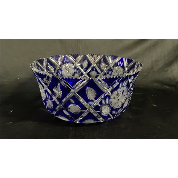 VINTAGE 9" WIDE COBALT BLUE CUT-TO-CLEAR BOHEMIAN GLASS BOWL