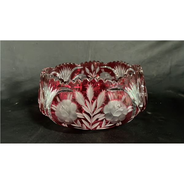 VINTAGE 9.5" WIDE RUBY RED CUT-TO-CLEAR BOHEMIAN GLASS BOWL