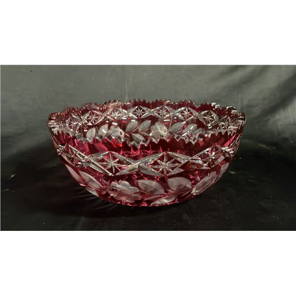 VINTAGE 9" WIDE RUBY RED CUT-TO-CLEAR BOHEMIAN GLASS BOWL