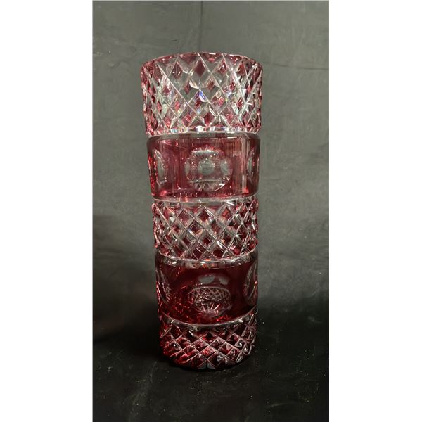 VINTAGE 9" T CRANBERRY CUT-TO-CLEAR BOHEMIAN GLASS VASE