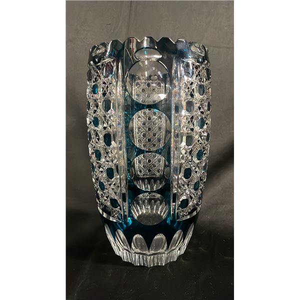 VINTAGE 9.5" T TEAL CUT-TO-CLEAR BOHEMIAN GLASS VASE