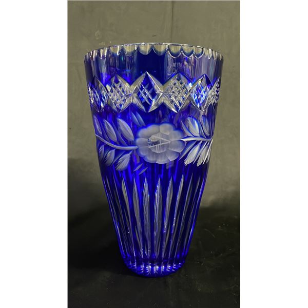 VINTAGE 9" T POLONIA 24% CRYSTAL BLUE CUT-TO-CLEAR VASE