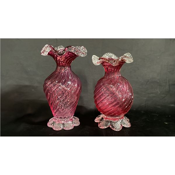 PAIR OF VINTAGE CHALET CANADA CRANBERRY TO CLEAR GLASS RUFFLED TOP VASES 9" T