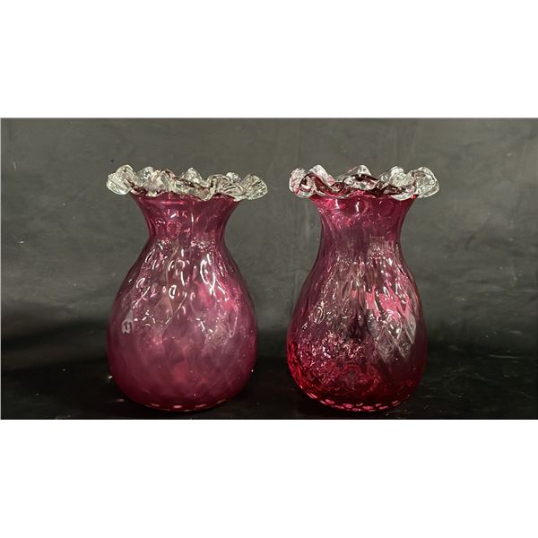 PAIR OF ROSSI CRANBERRY TO CLEAR GLASS RUFFLED TOP VASES 6"T