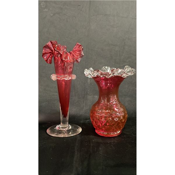 (2) CRANBERRY GLASS RUFFLED TOP VASES 7" T