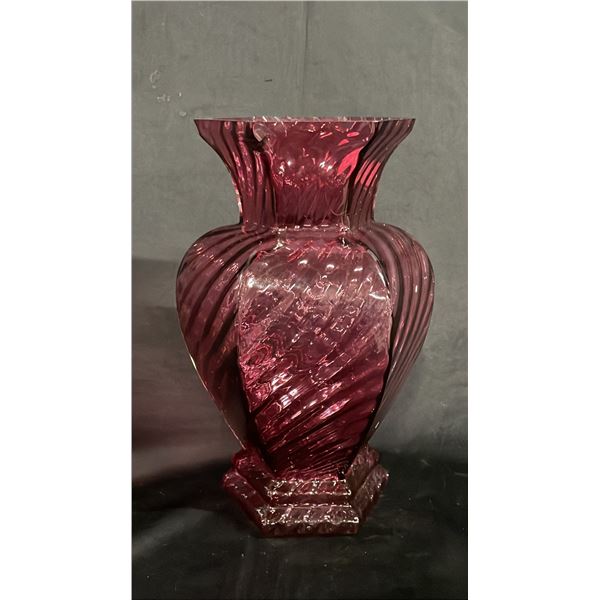 LARGE CRANBERRY GLASS VASE: 12" TALL