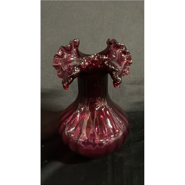 CRANBERRY GLASS RUFFLED TOP VASE 8" T