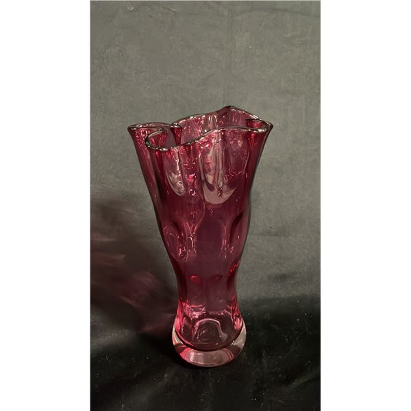 CRANBERRY GLASS RUFFLED TOP VASE 8" T