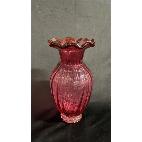 CRANBERRY GLASS RUFFLED TOP VASE 9"T