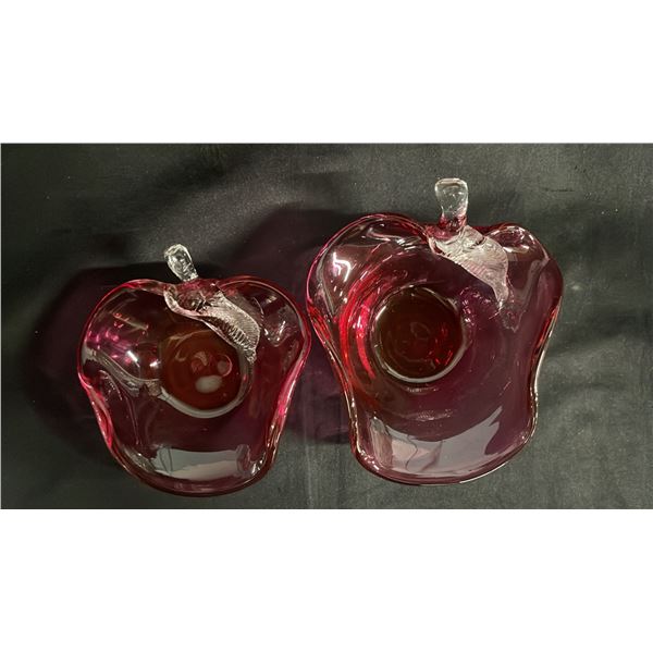 (2) ROSSI CRANBERRY GLASS APPLE SHAPED BOWLS WITH CLEAR GLASS STEMS 7" WIDE