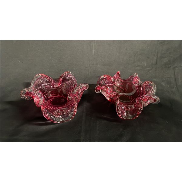 (2) CRANBERRY GLASS BOWLS WITH RUFFLED EDGES 8" WIDE