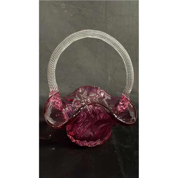 CRANBERRY GLASS BASKET WITH CLEAR TWIST GLASS HANDLE 8.5" T
